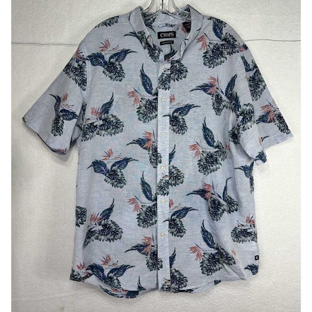 Chaps Button Up Shirt Men‎ XL Short Sleeve Blue Floral Linen Cotton Blend Casual
